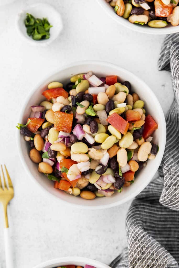 Bean salad in a small bowl. 