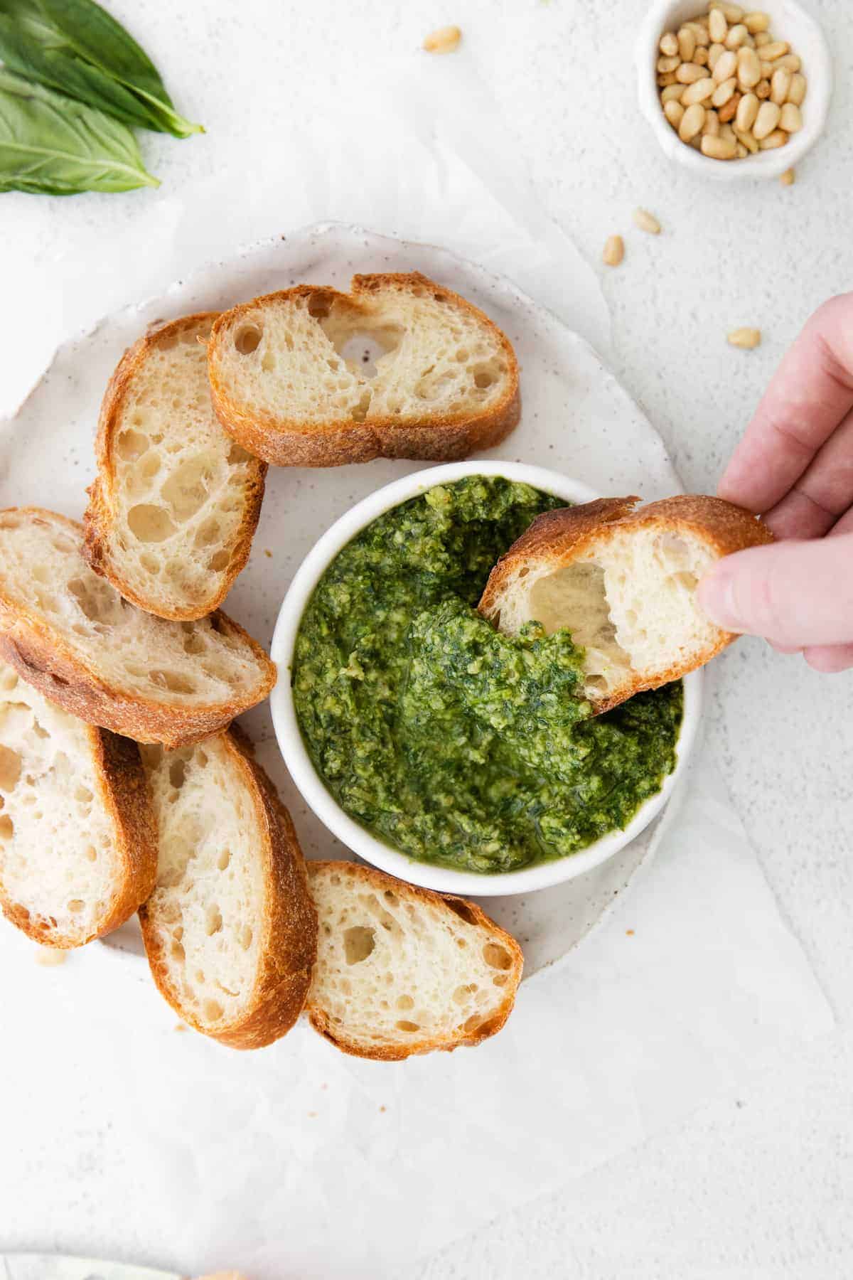 pesto in bowl with bread