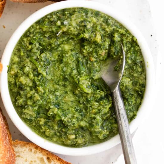 pesto in bowl with spoon