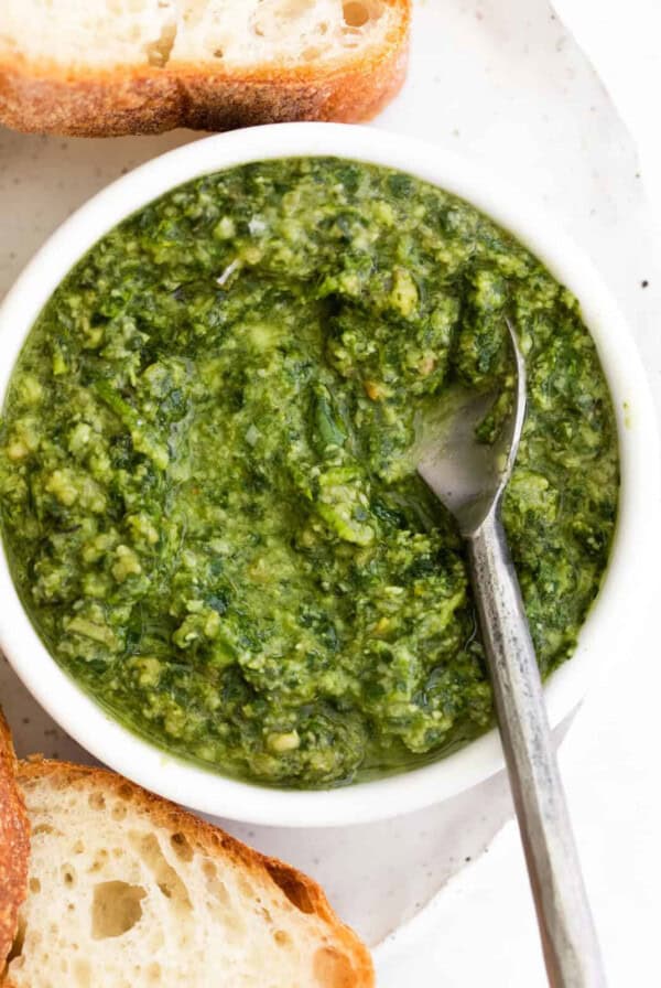 pesto in bowl with spoon