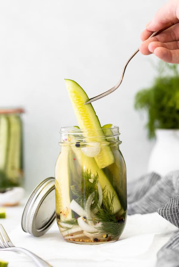 Refrigerator pickles in a jar.