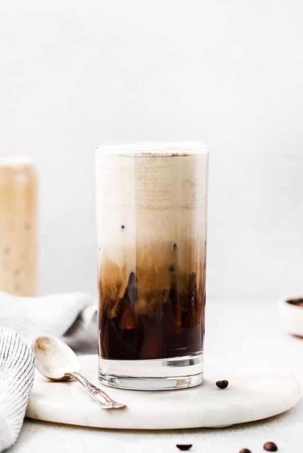 iced latte in glass.