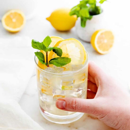 a hand holding a glass of water with lemons and mint.