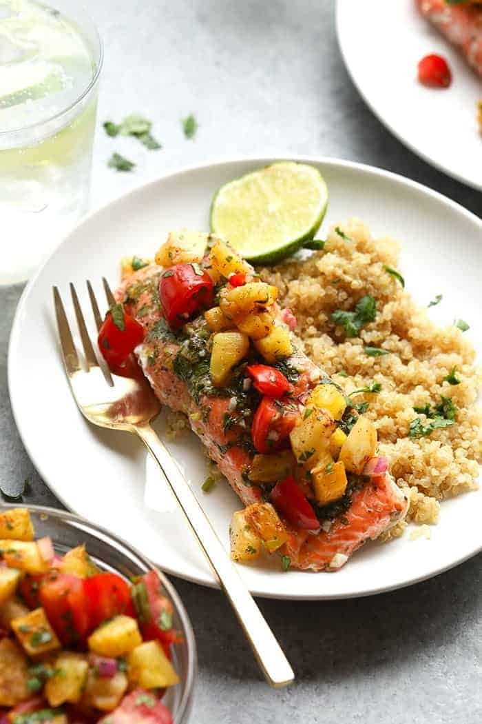 salmon with pineapple salsa on top.