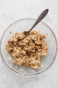 Peach crisp topping sprinkled on oats served in a bowl with a spoon.