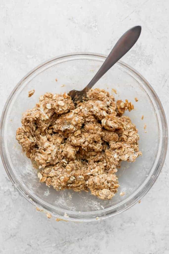 peach crisp crumble topping in a bowl.