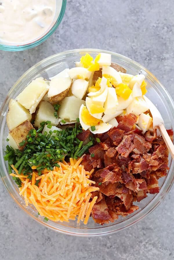 baked potato salad in bowl