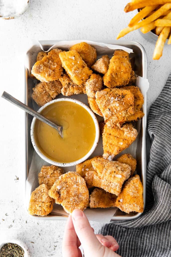 chicken nuggets on baking sheet