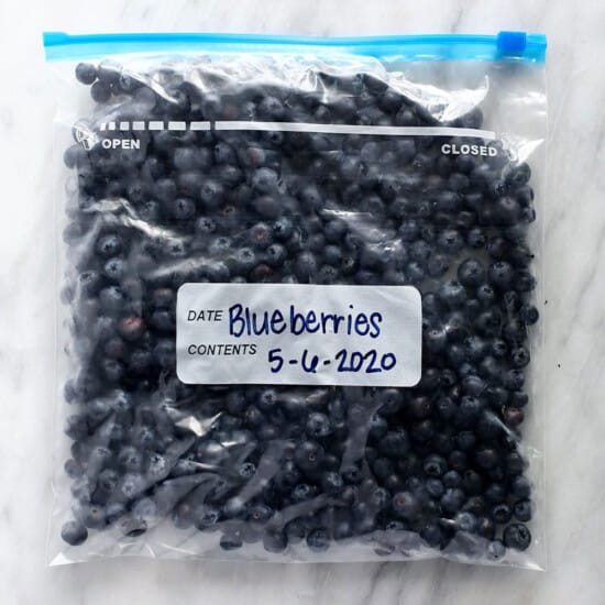 a bag of blueberries with a label.
