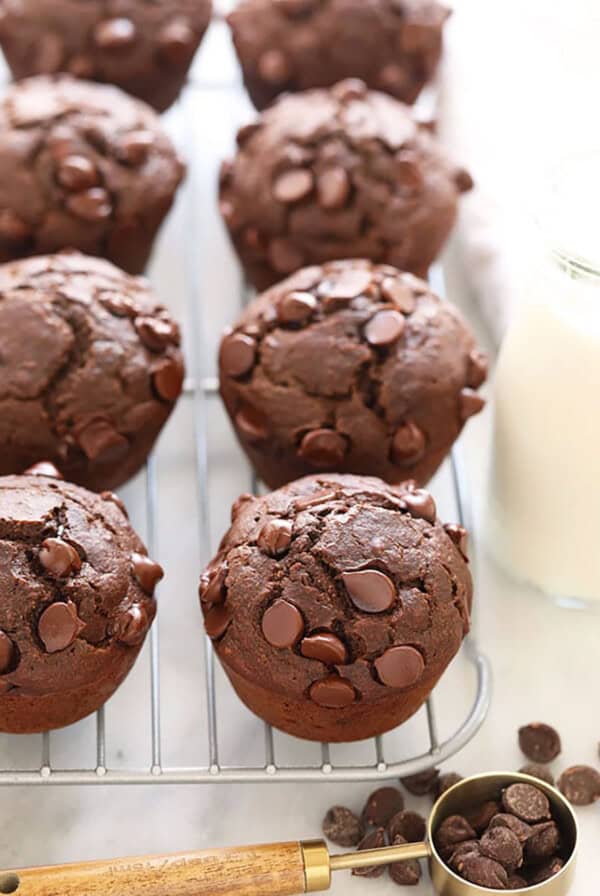 chocolate muffins on cooling rack