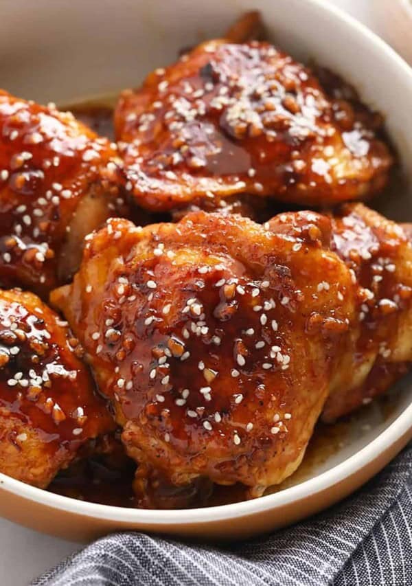 a bowl of instant pot honey garlic chicken thighs