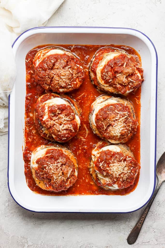 Eggplant parmesan in a baking dish. 