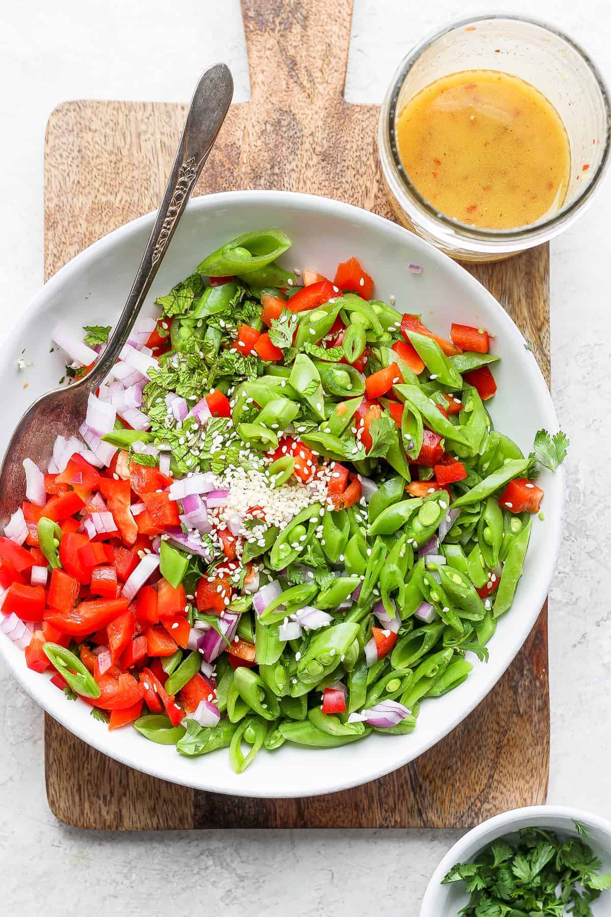 Ginger pea salad in a large bowl. 