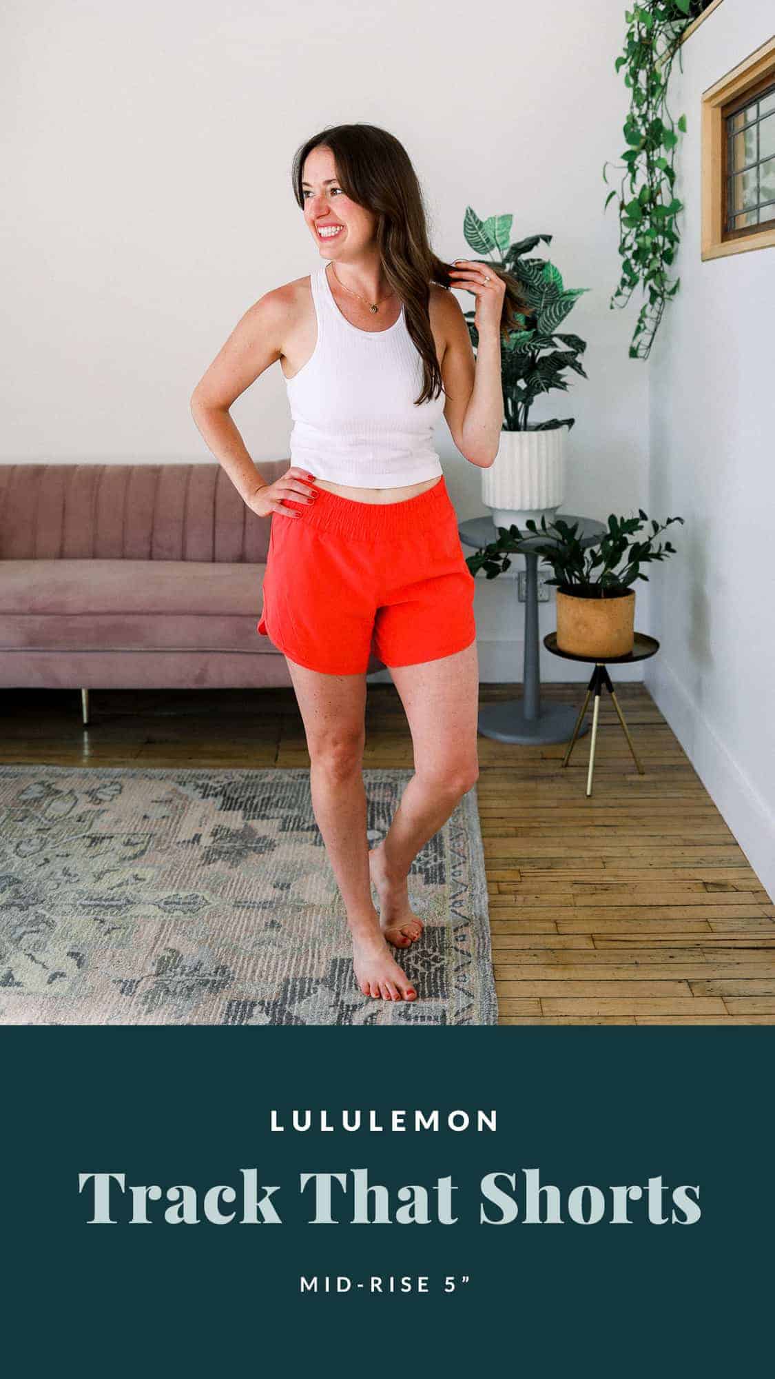 linley wearing lululemon track that shorts in a red color