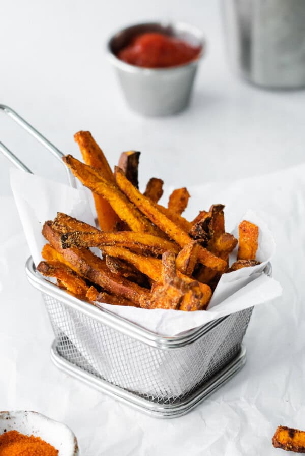 Crispy sweet potato fries cooked in an air fryer.