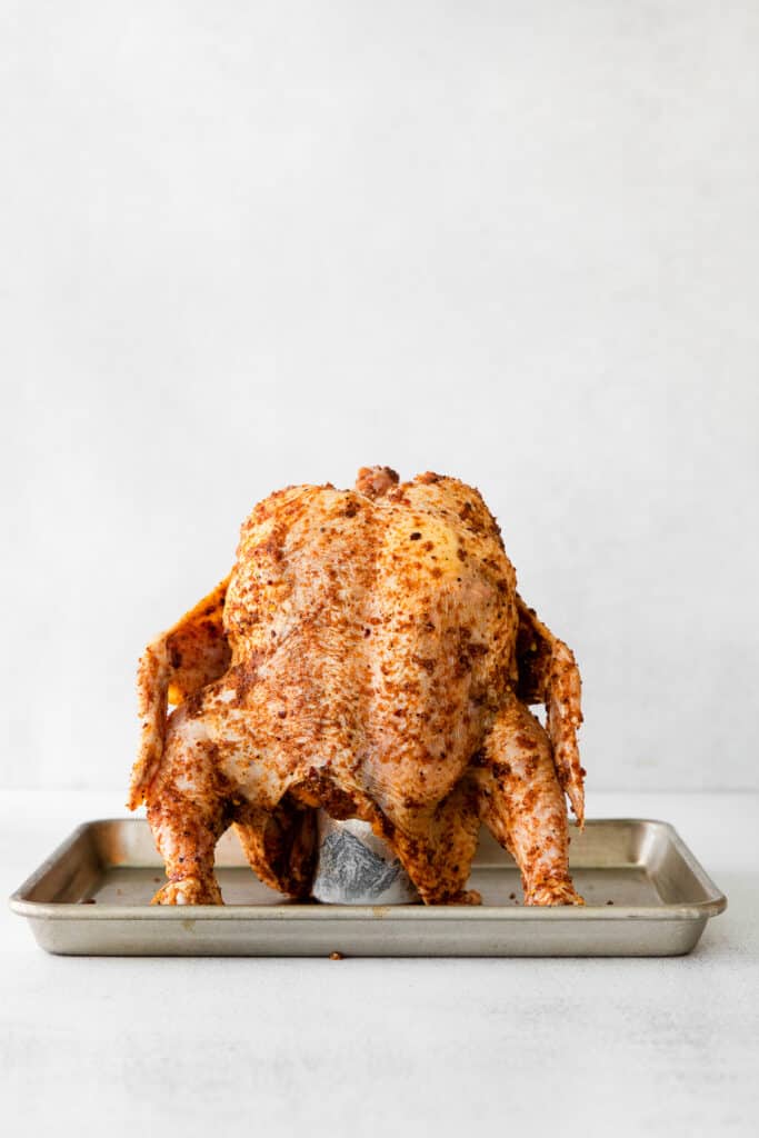 beer can chicken on roasting pan.