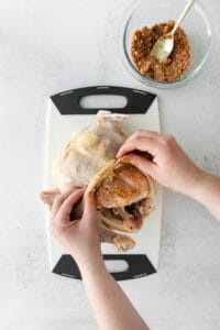 A person's hands sprinkling spices on a raw chicken to prepare beer can chicken.