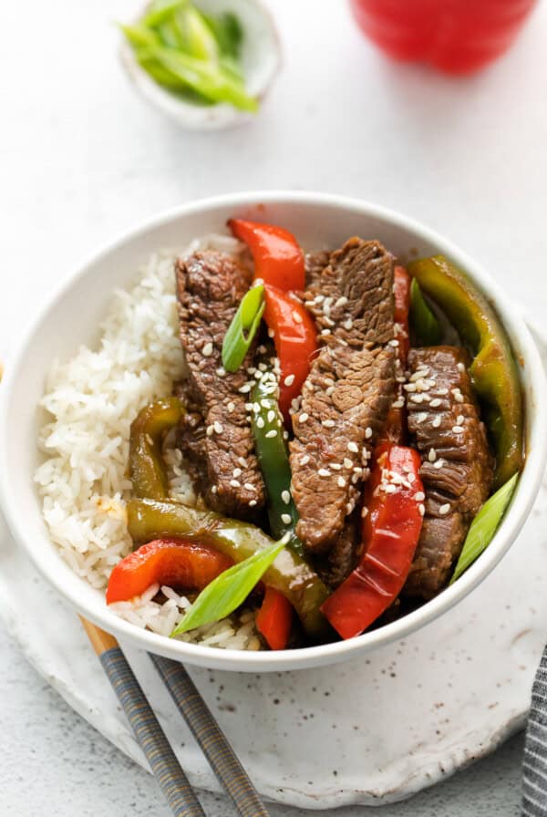 Pepper steak over rice