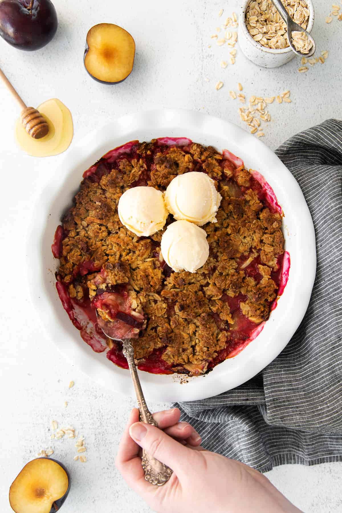 plum crisp in circular dish