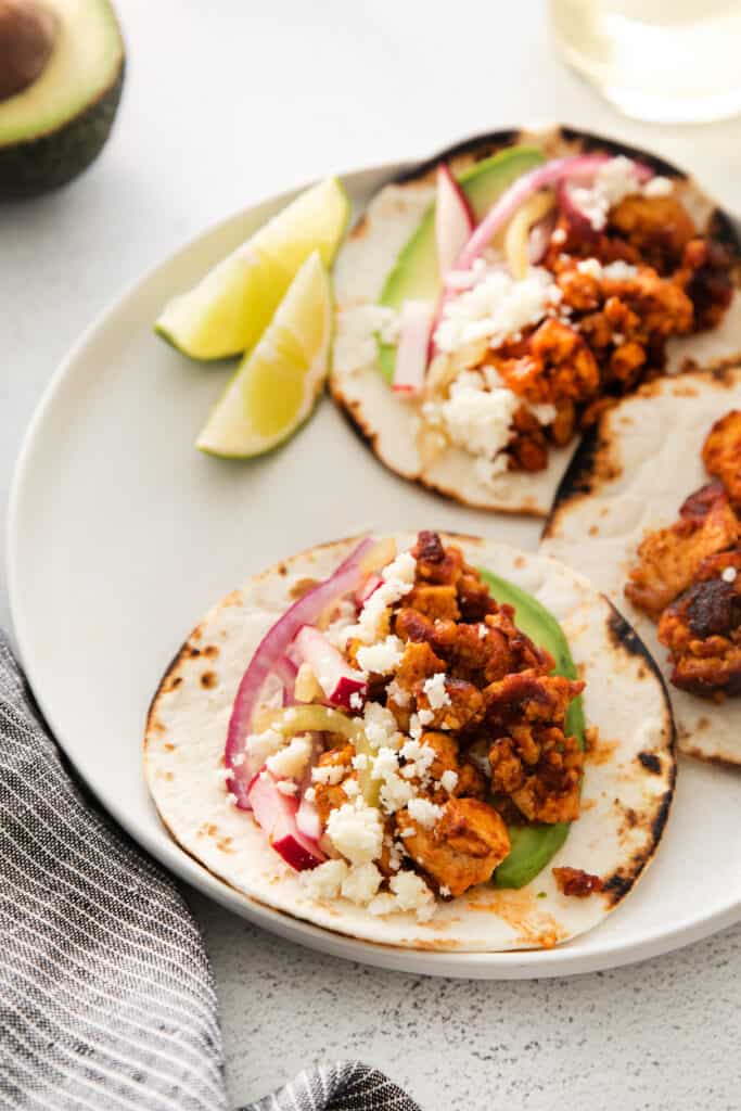 Tofu tacos with slaw and avocados. 