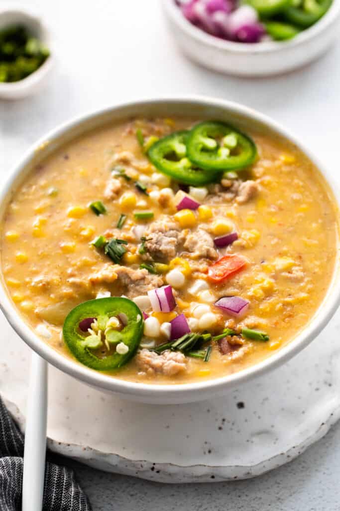 corn chowder with toppings
