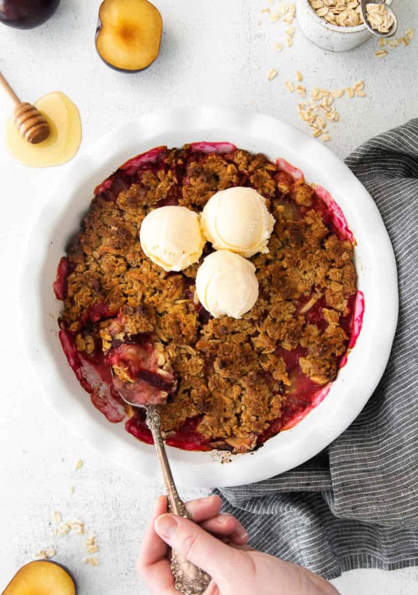 plum crisp in dish