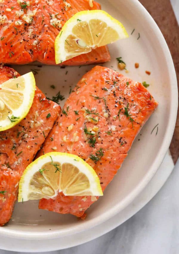 lemon butter salmon on plate