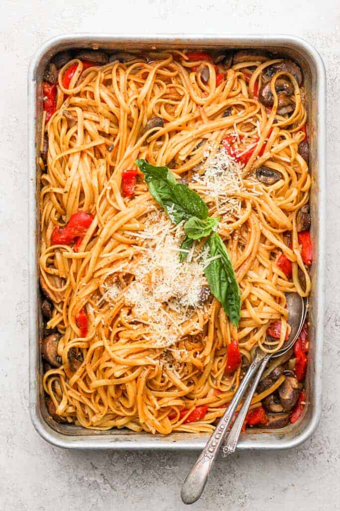 One pot pasta in a metal casserole dish. 