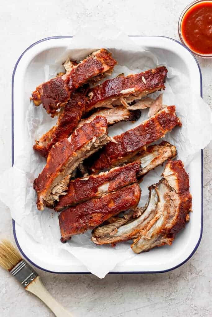 Ribs in a pan. 