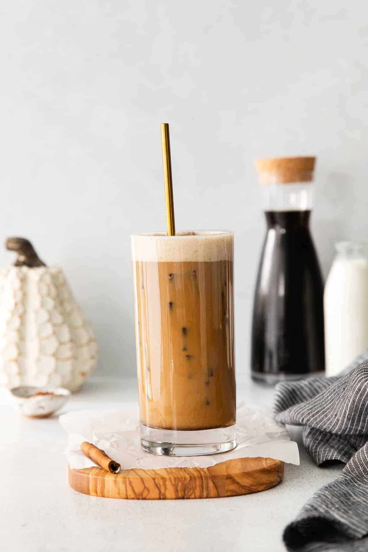 Pumpkin Cream Cold Brew mixed up in a tall glass. 