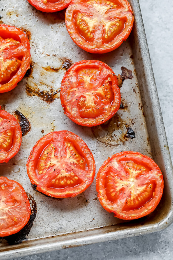 roasted tomatoes on pan.