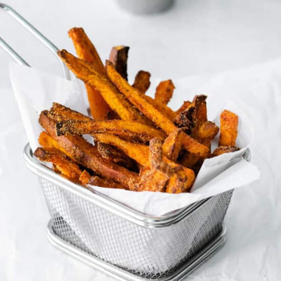 air fryer sweet potato fries in basket