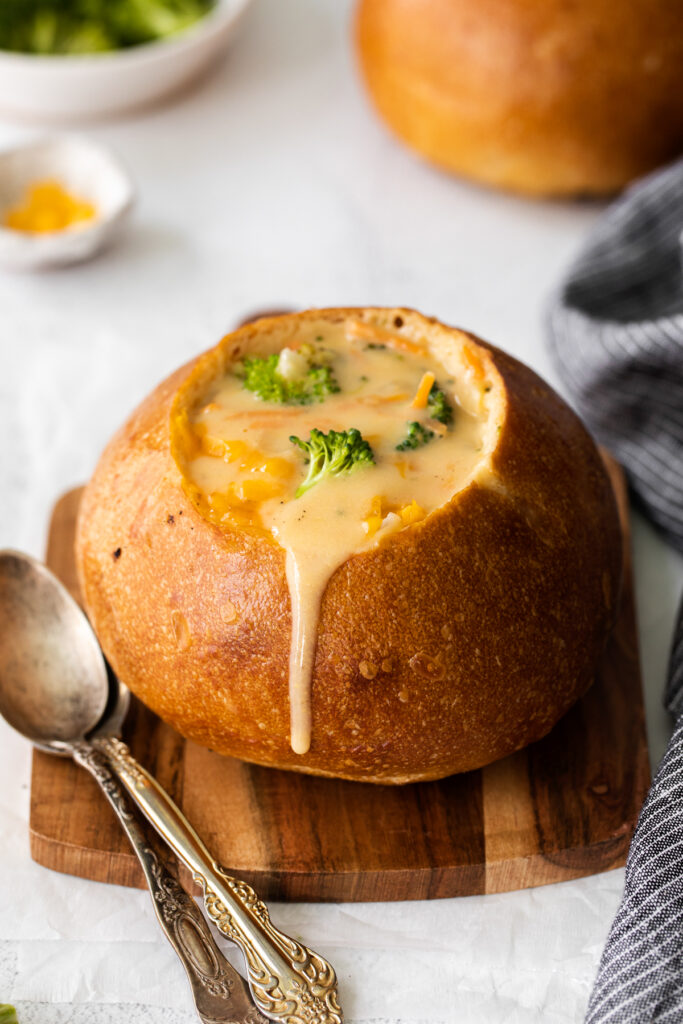 Homemade Sourdough Bread Bowls and Broccoli Cheese Soup