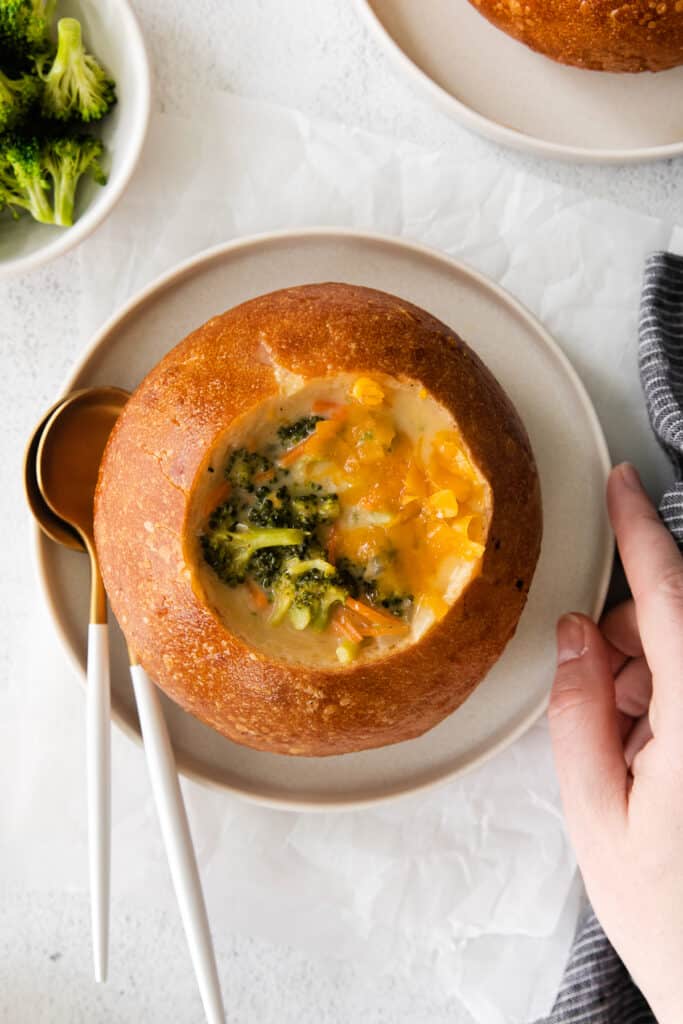bread bowl with soup in it