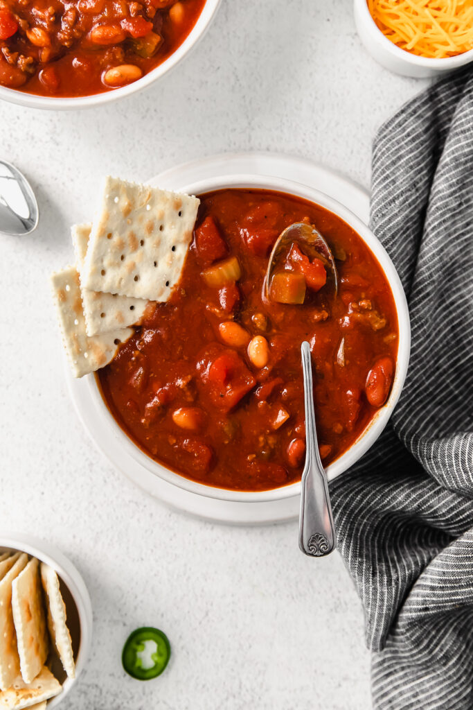 chili in bowl with crackers.