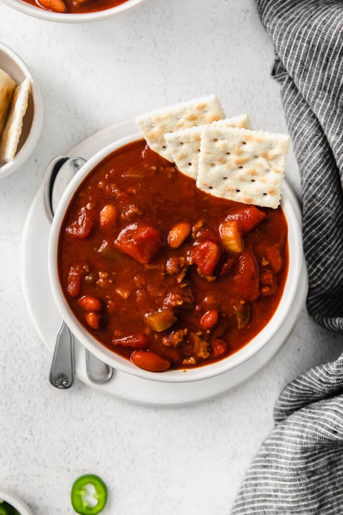 chili in bowl with crackers.