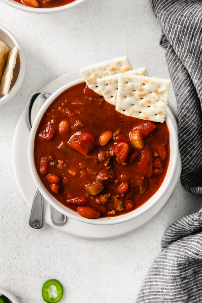 chili in bowl with ،ers.