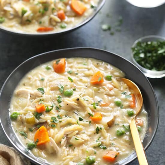 Creamy Chicken Noodle Soup with Orzo in bowl