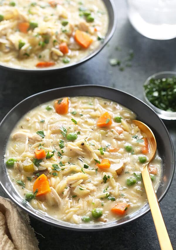 Creamy Chicken Noodle Soup with Orzo in bowl