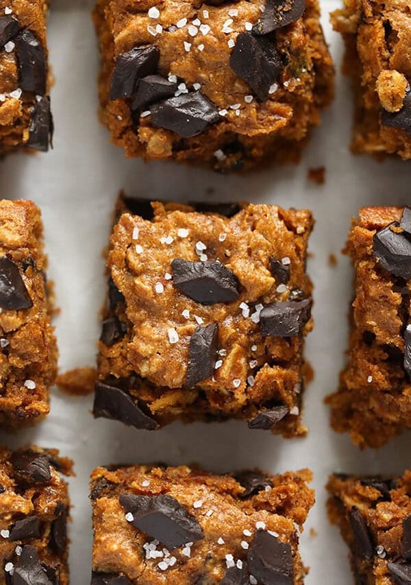 pumpkin oatmeal cookie bars on baking sheet