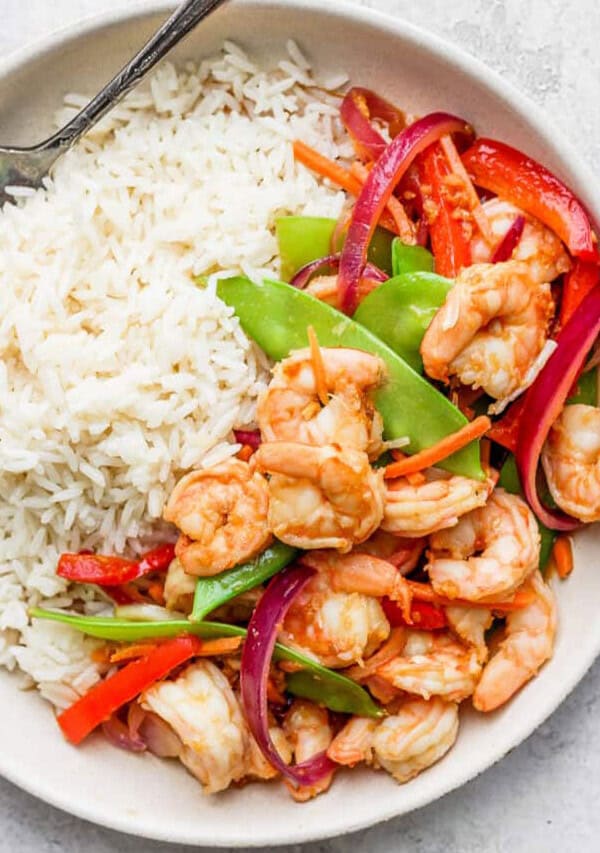 shrimp stir fry with rice in bowl