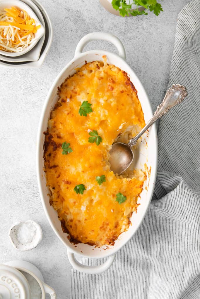cheesy potato casserole in dish