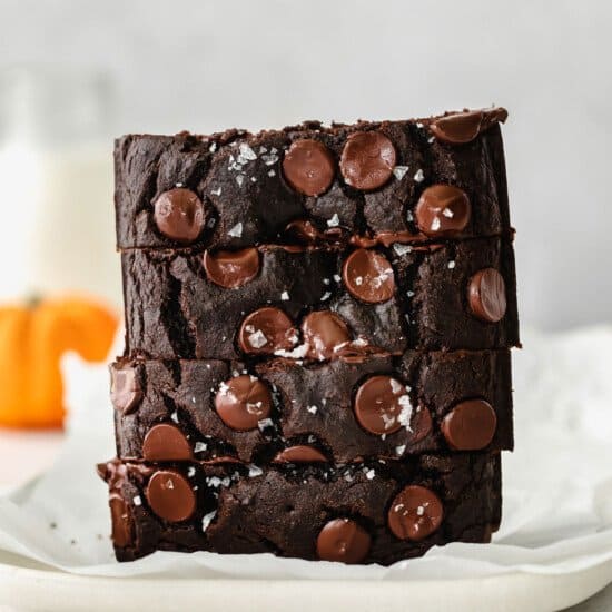 A stack of chocolate pumpkin bread.
