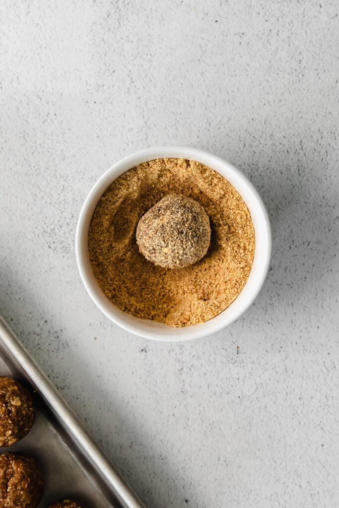 Pecan pie energy ball rolled in graham cracker crumbs. 