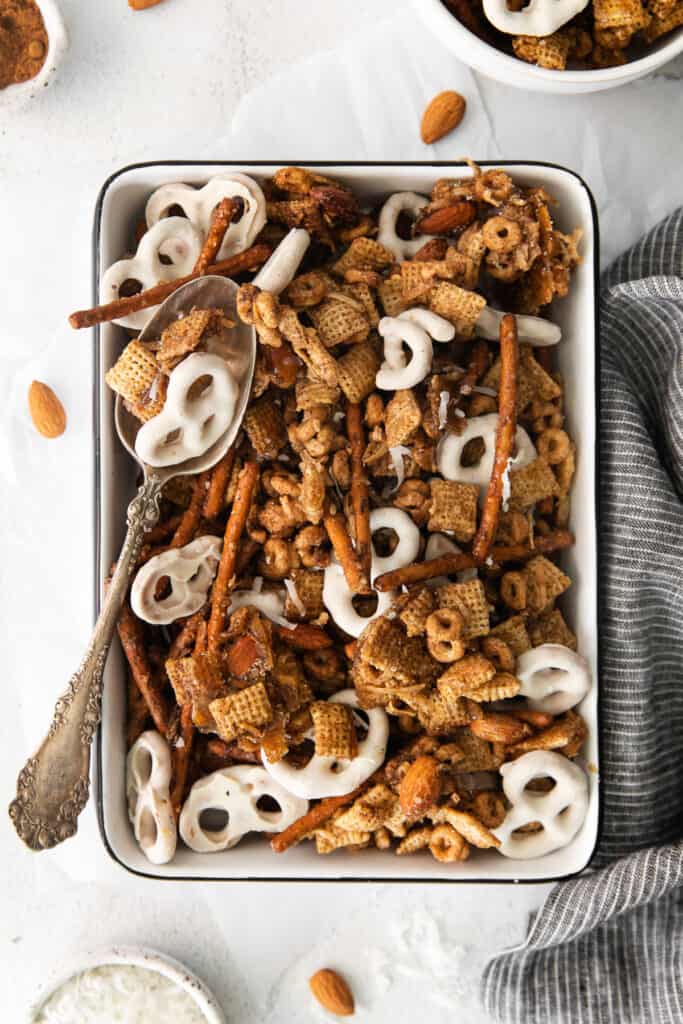 Chai chex mix in a pan. 