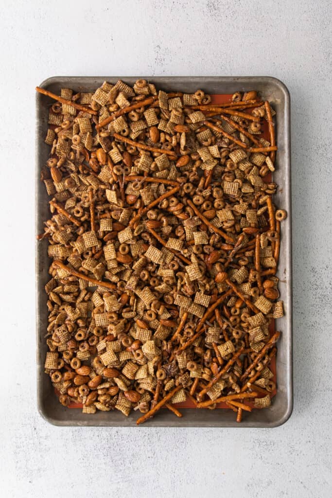 A pan of chai chex mix. 