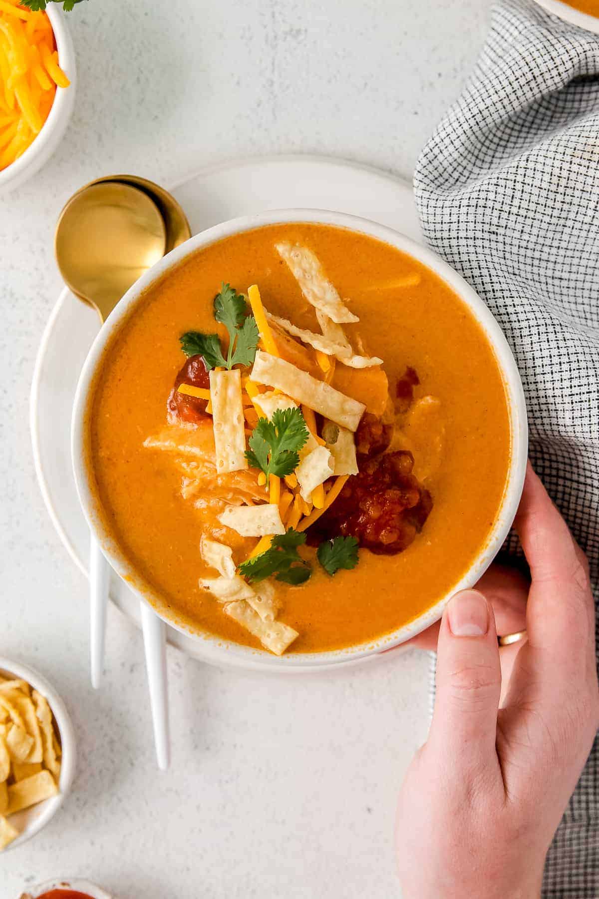 Chicken enchilada soup in a bowl. 