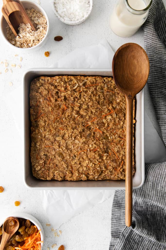 morning glory baked oatmeal after being baked in a square pan