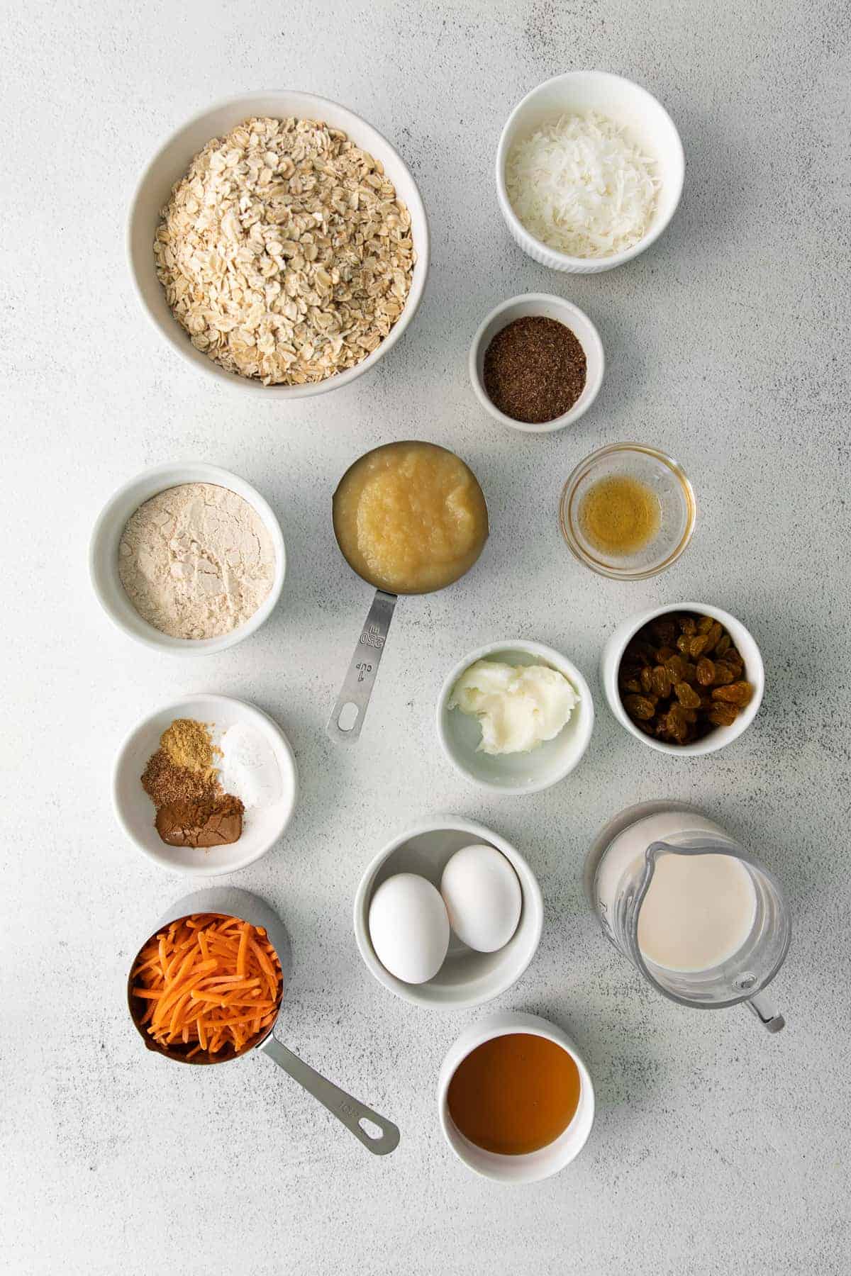 morning glory baked oatmeal ingredients in bowls, ready to be mixed together