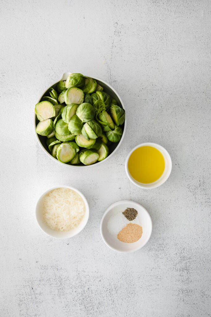 All the ingredients for air fryer brussel spouts on the counter top. 